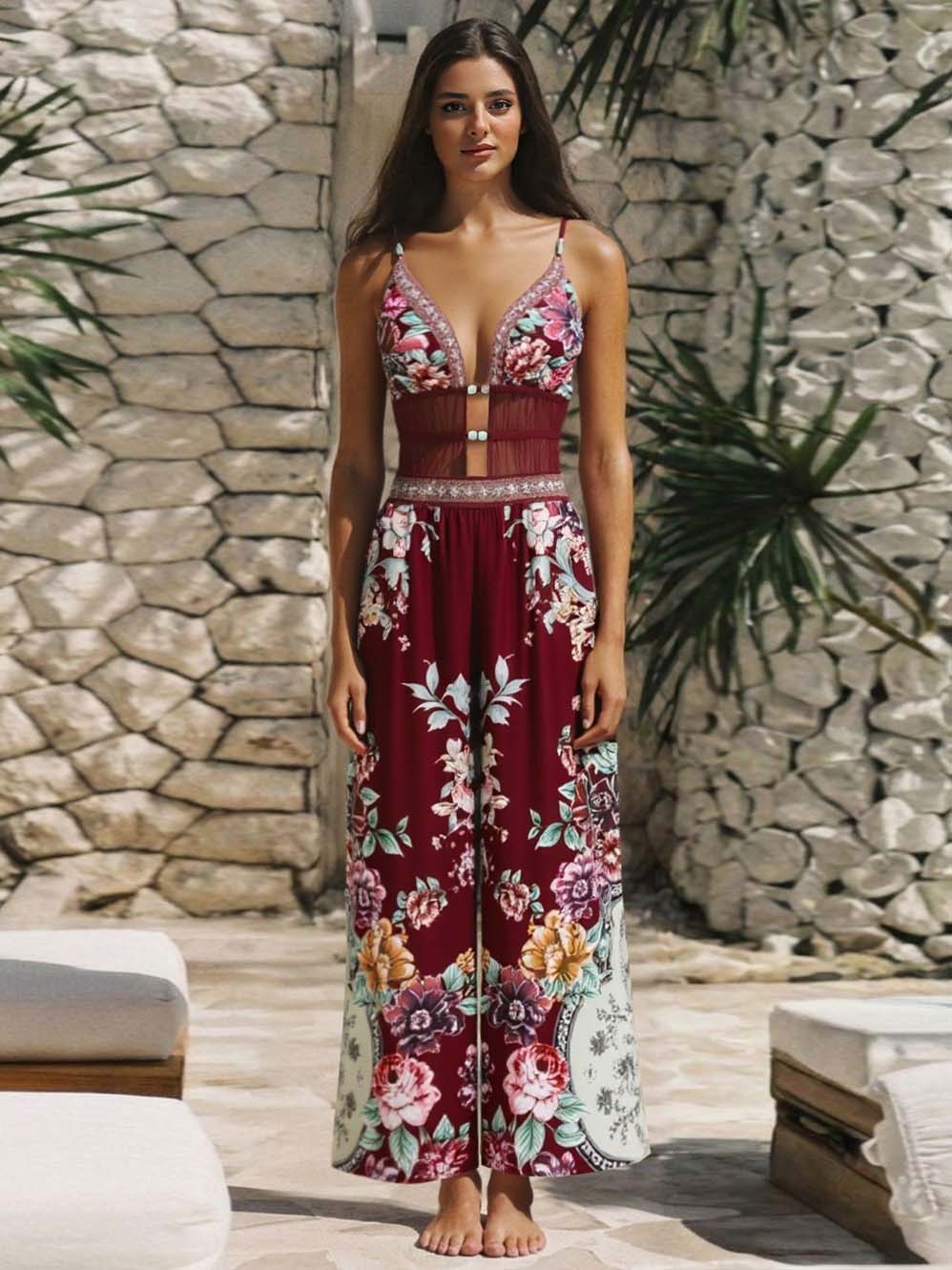 Maillot de bain une pièce en maille et dentelle florale, style bohème