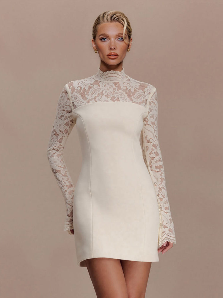 Elegante minidress in pizzo trasparente con collo alto