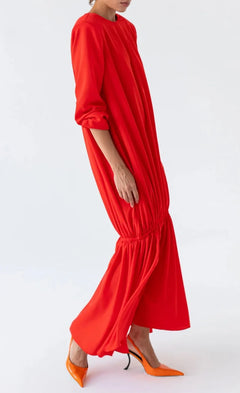 Red Padded Shoulder Long Sleeve Drop Waist Maxi Dress with Flounce Hem [erp-image:a688b607157081c8702ab437]