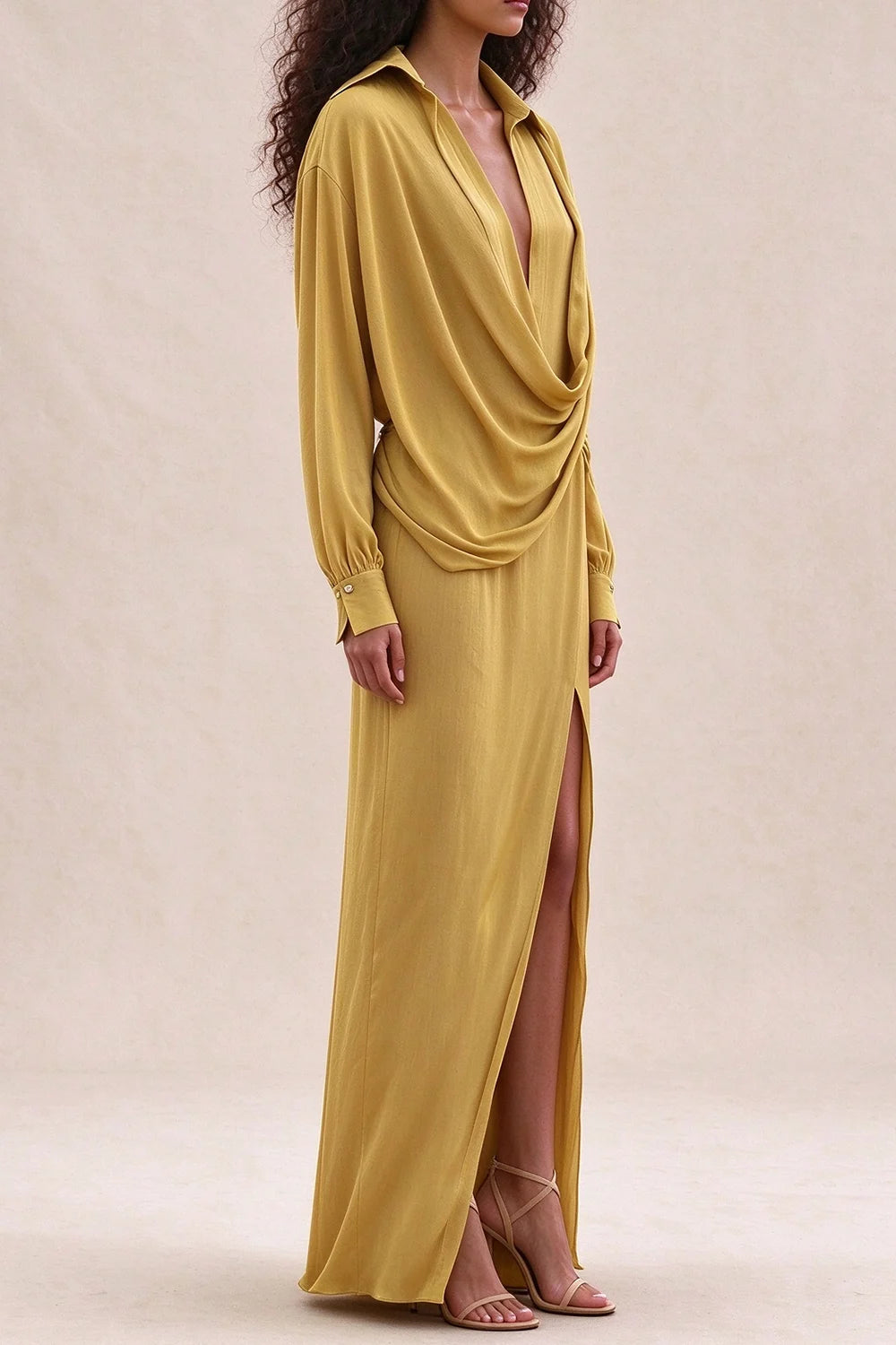 Mustard Yellow Draped Cowl Neck Long Sleeve Maxi Dress with Slit [erp-image:ad42300811eaad60ca45a279]