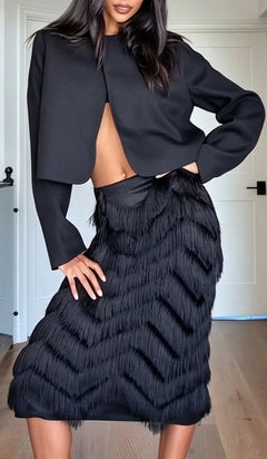 Black Cropped Long Sleeve Jacket and Chevron Fringe Midi Skirt Two Piece Set [erp-image:391e0984a73430db6572c918]