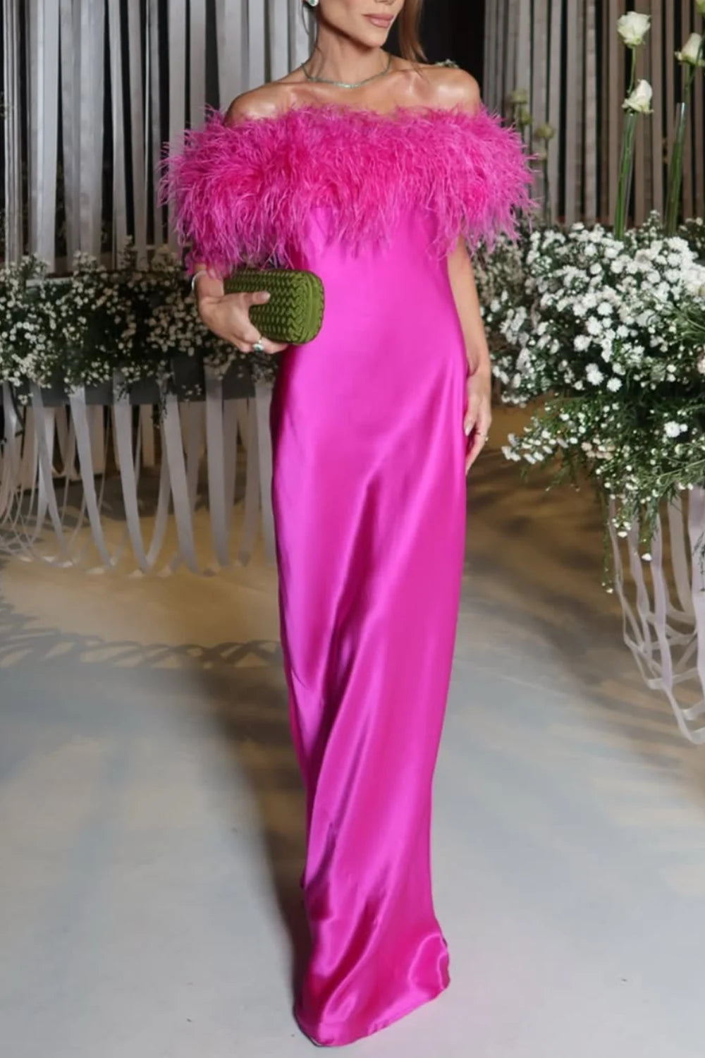 Feather Trim Off-the-Shoulder Satin Column Maxi Dress