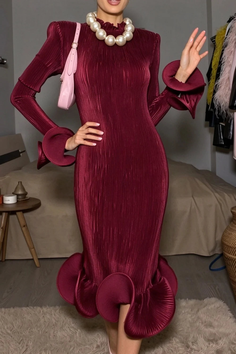 Pleated High Neck Long Sleeve Fluted Cuff Maxi Dress