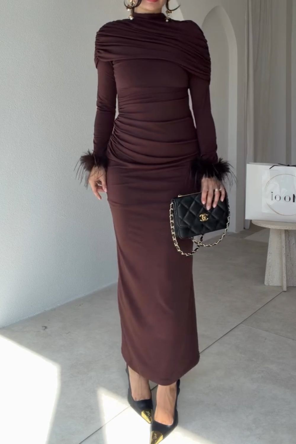 Women High Neck Ruched Cape Maxi Dress