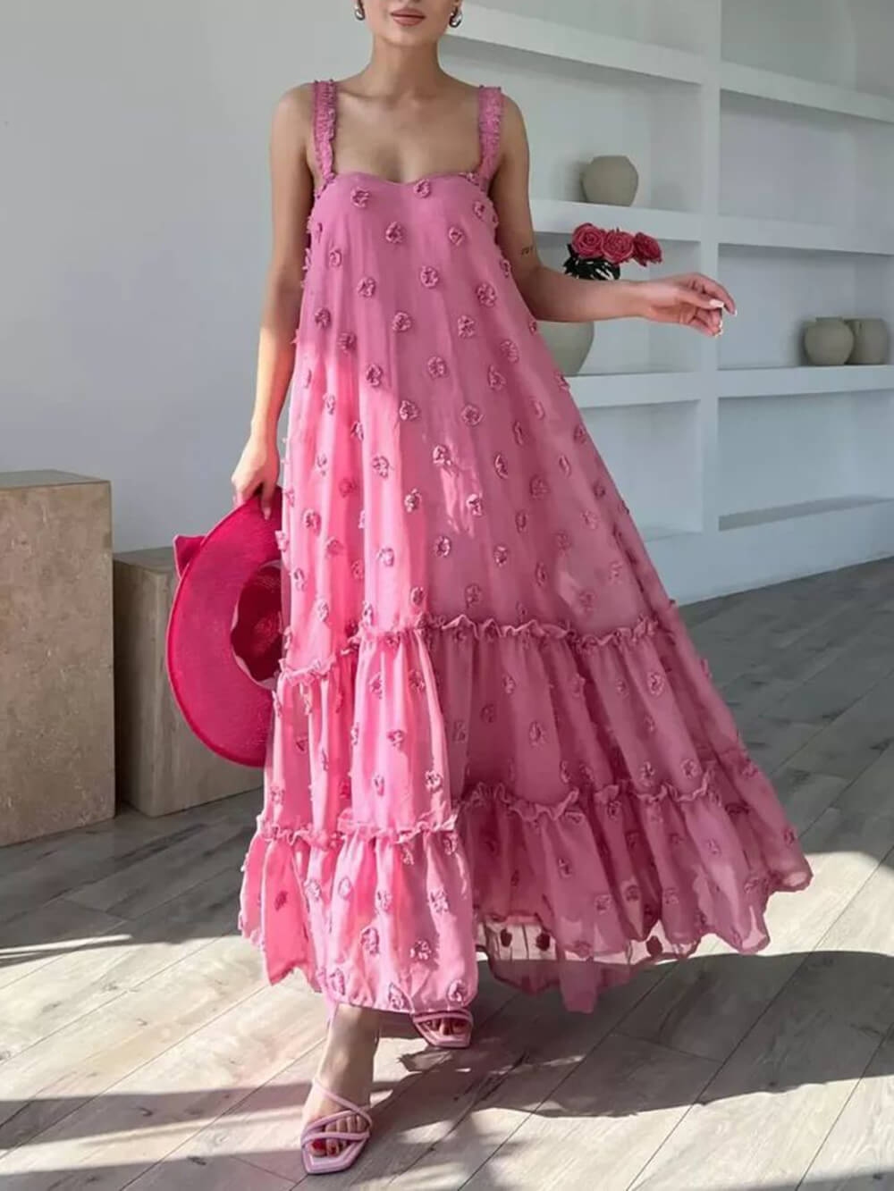 Vestido largo holgado en capas y línea A, decorado con flores bonitas