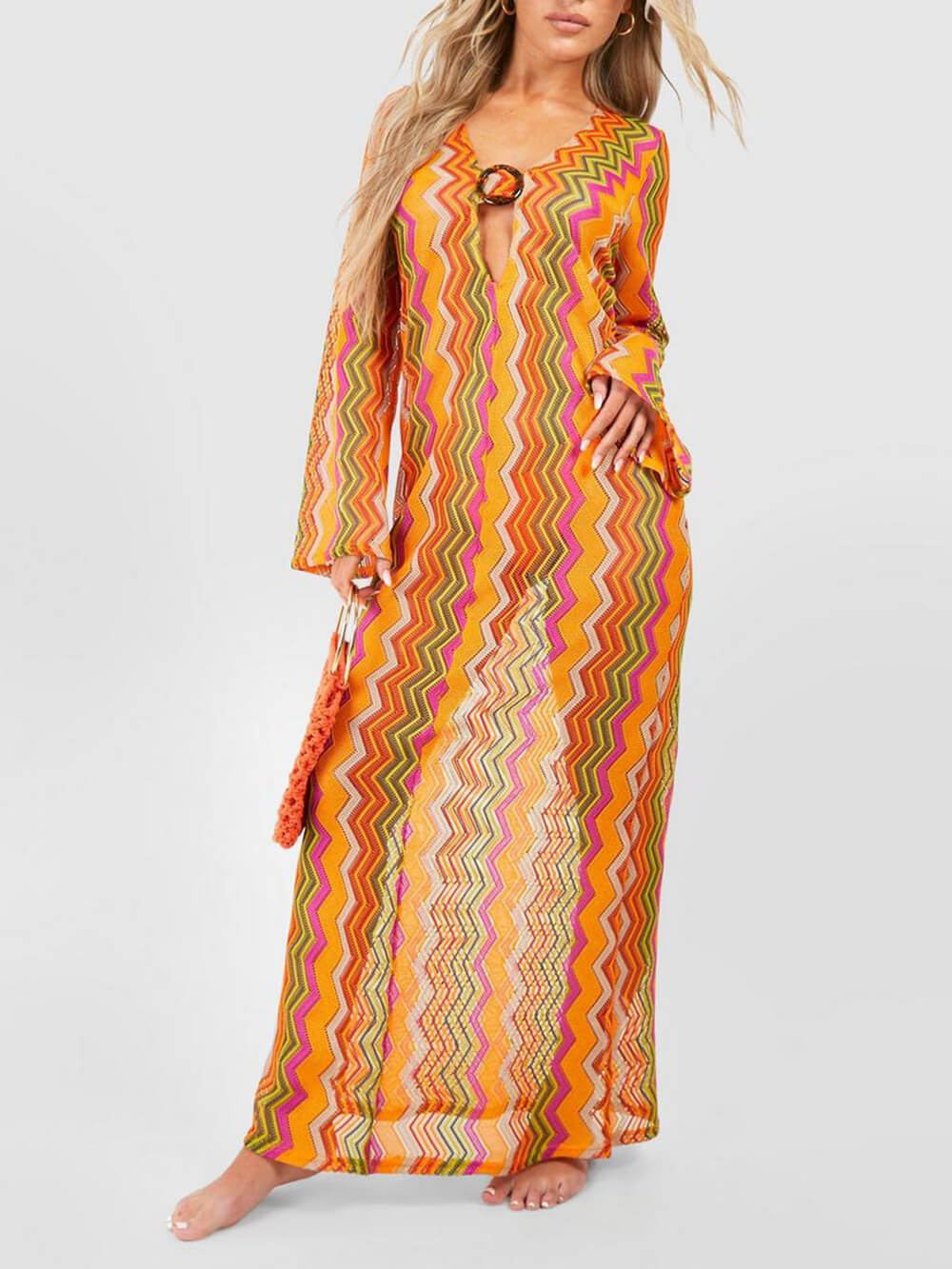 Vestido largo de playa con mangas largas, anilla en O y estampado de rayas de refresco de naranja