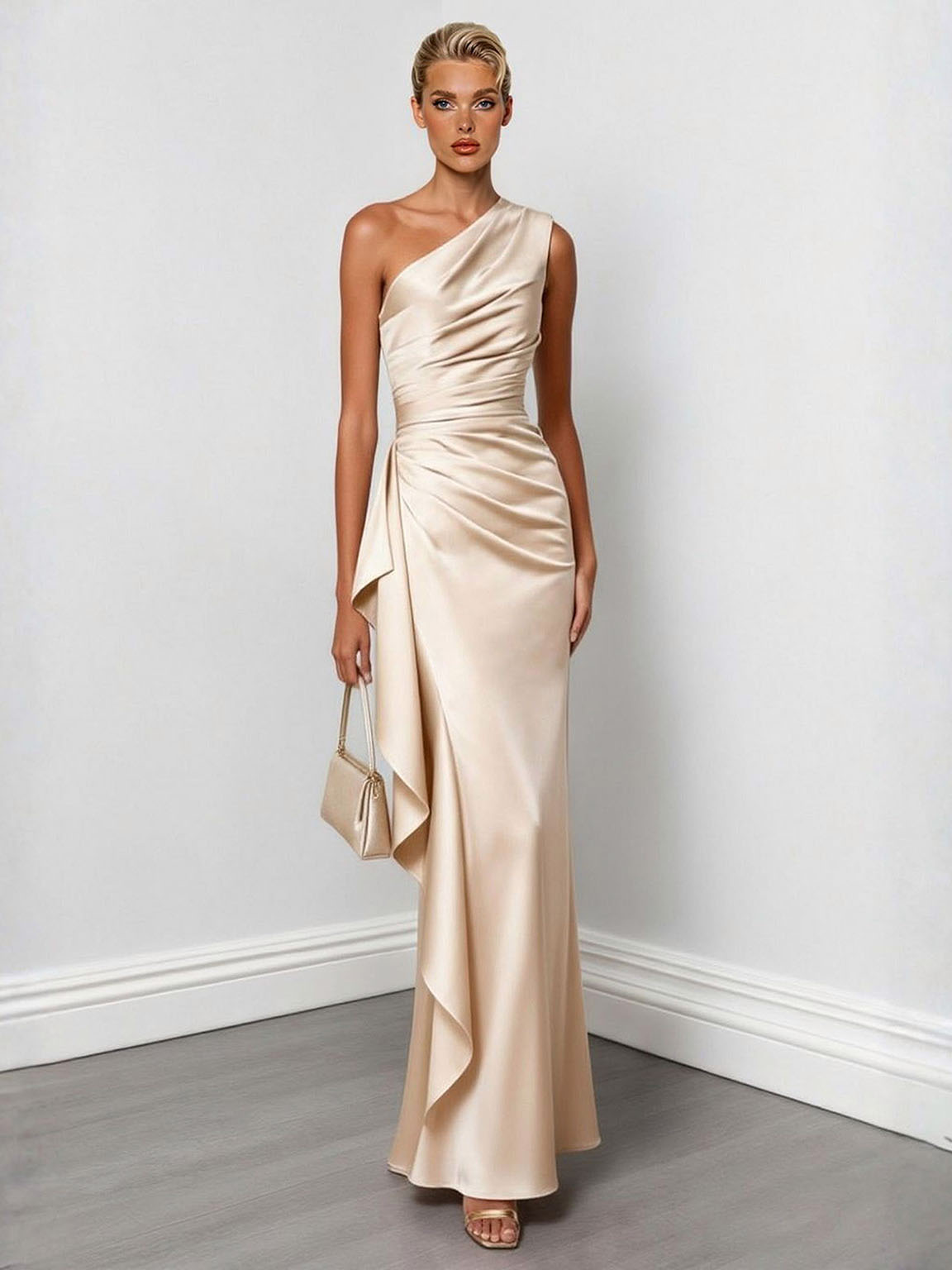 Vestido largo elegante satinado de un hombro y fruncido