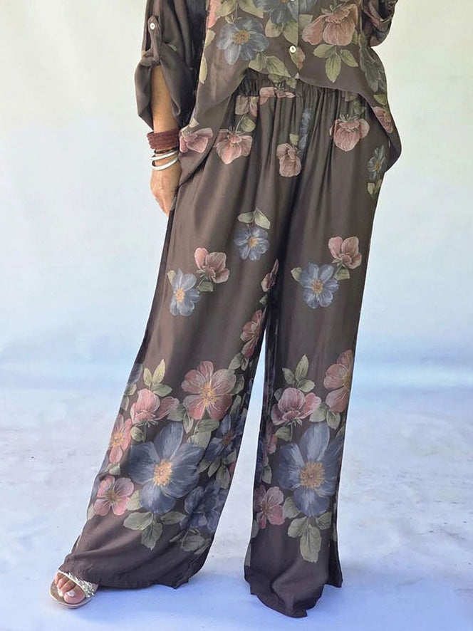 Conjunto de dos piezas con camisa de cuello y estampado floral retro y pantalón de pierna ancha con cintura elástica