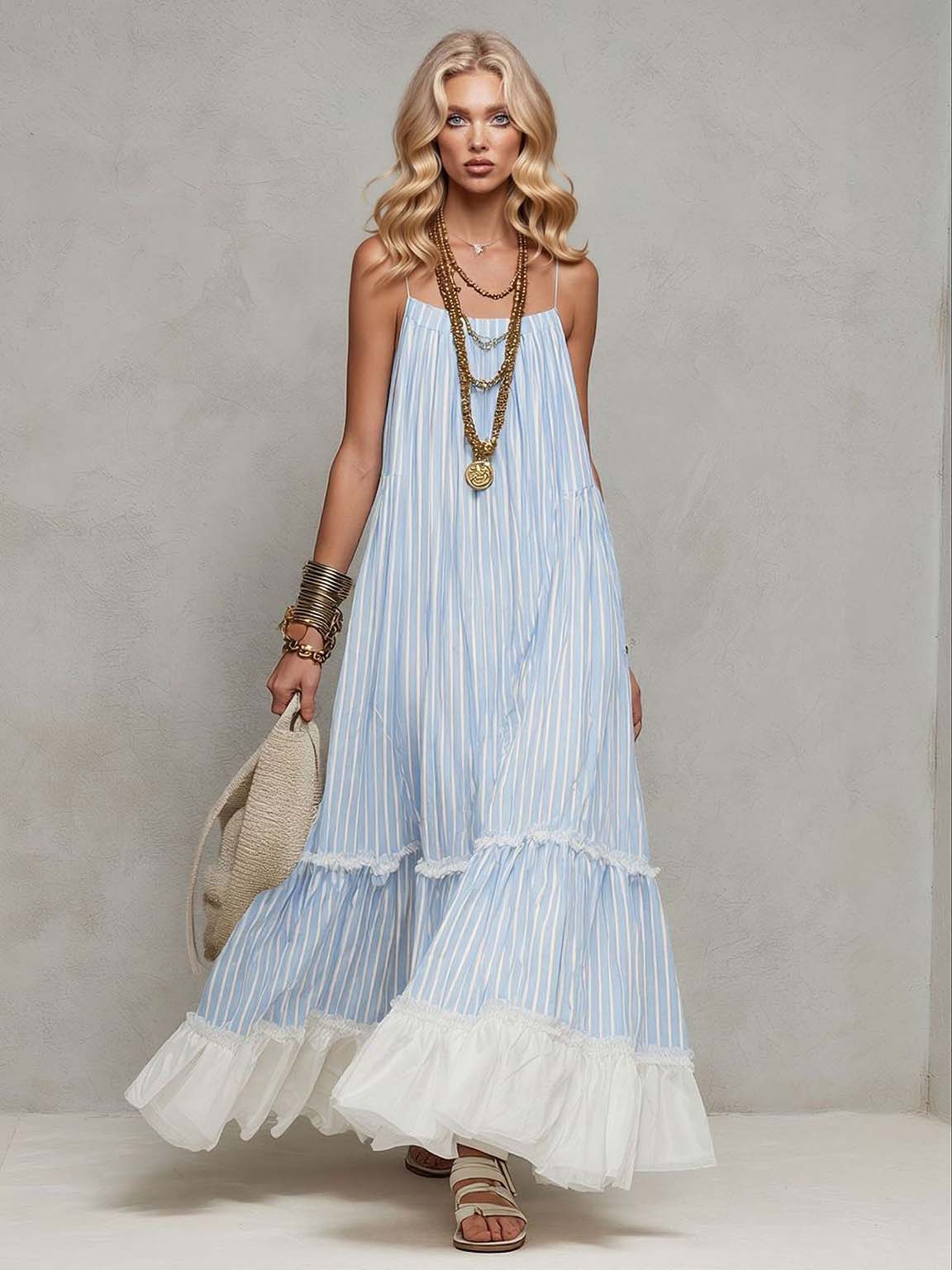Casual Striped Spaghetti Strap Ruffle Tiered Maxi Dress
