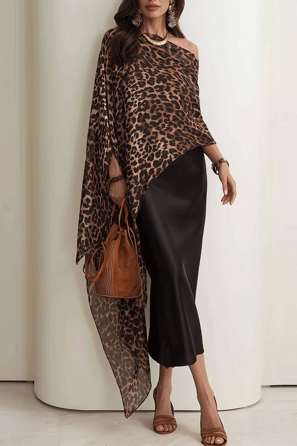 Conjunto de vestido de satén tipo poncho con estampado de leopardo y drapeado