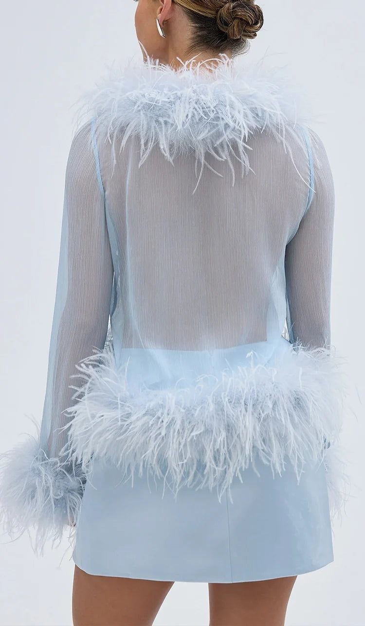 Baby Blue Feather Trim Long Sleeve Top and Mini Skirt Two Piece Set [erp-image:020c9bf9b75dcddea247f8e9]