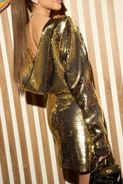 Gold Sequin Long Sleeve Mini Dress Elegant High Neck Bodycon Cocktail Dress [erp-image:219bfe86f69b2ad1940b1bea]