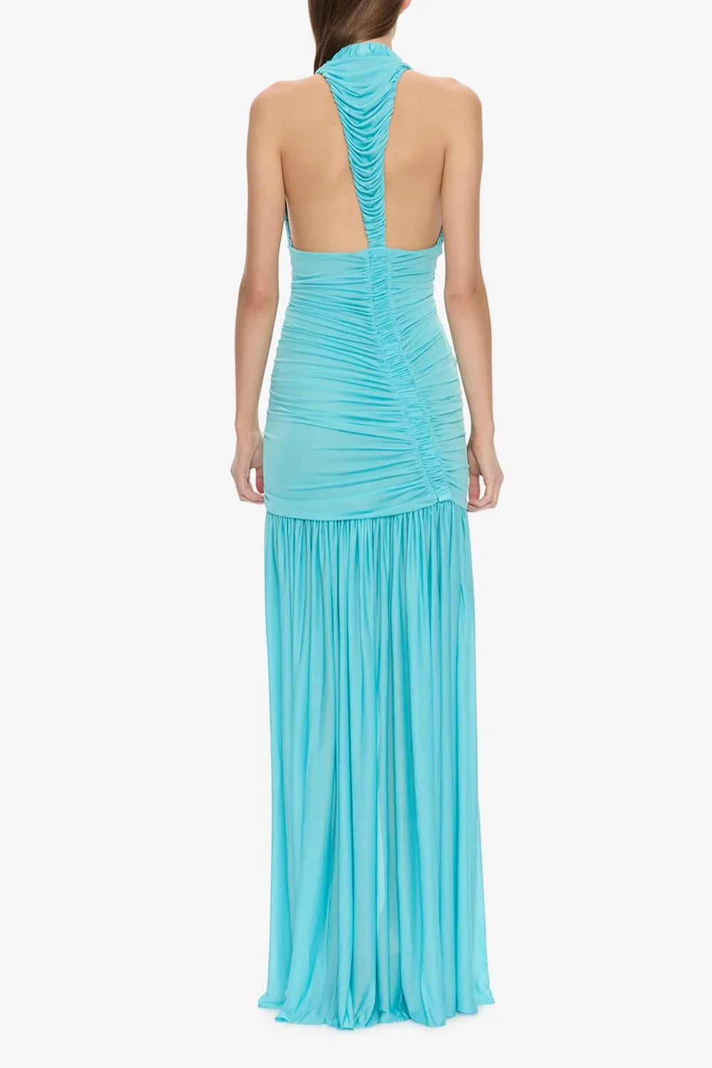 Robe longue à décolleté plongeant, dos nu, taille basse et fronces