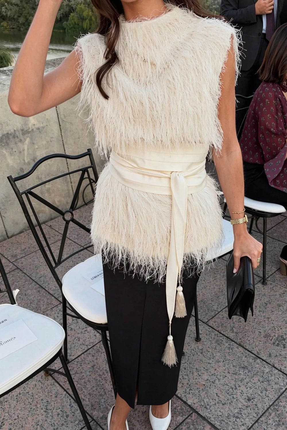 Feather Sleeveless Sweater Top and Front Slit Midi Skirt Two Piece Set