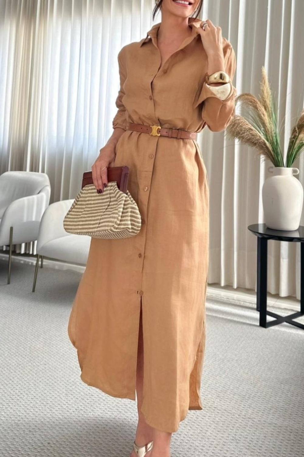 Women's Long Sleeve Shirt Midi Dress