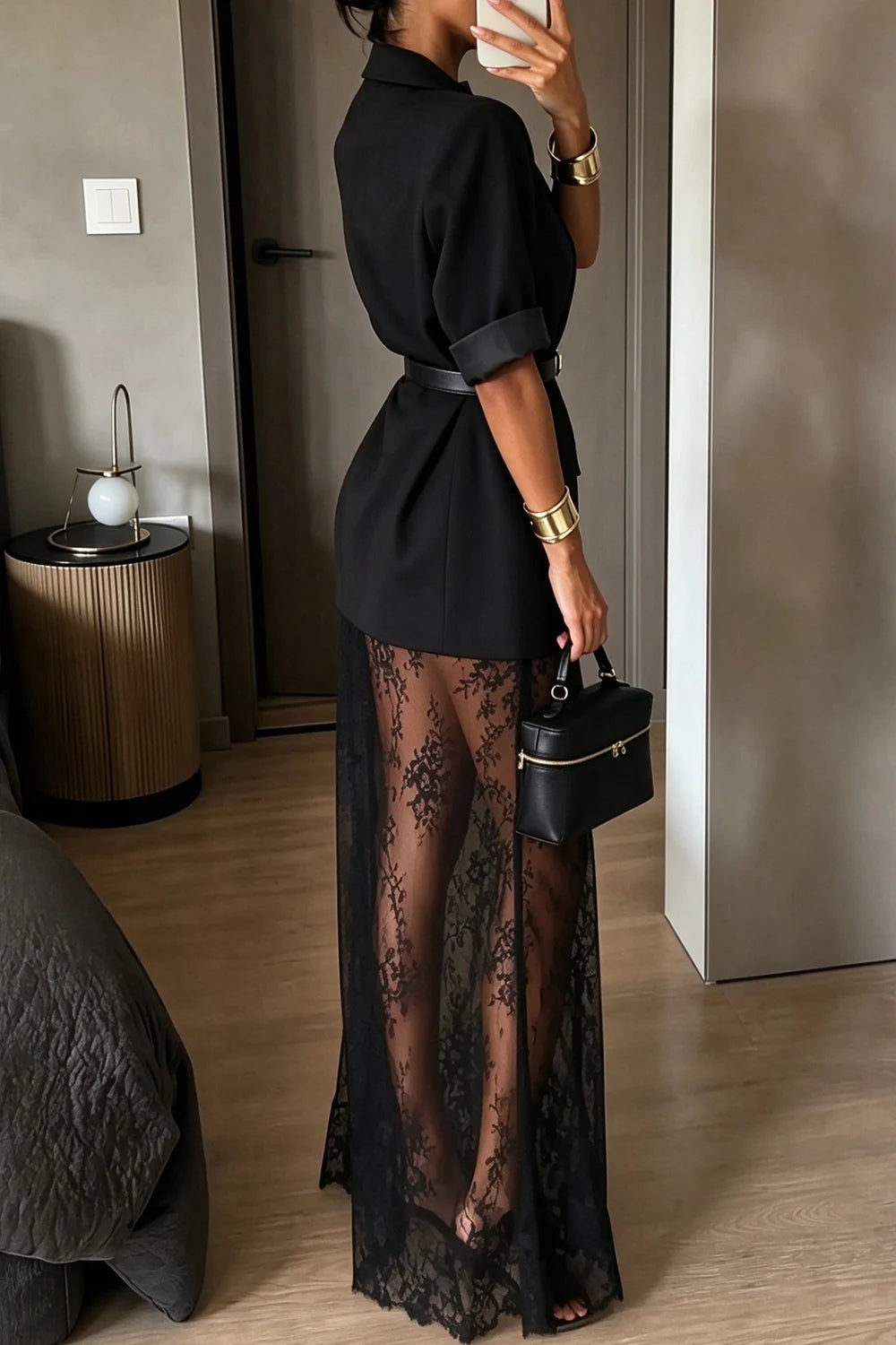 Conjunto de dos piezas con chaqueta blazer negra de manga corta y vestido largo de encaje transparente