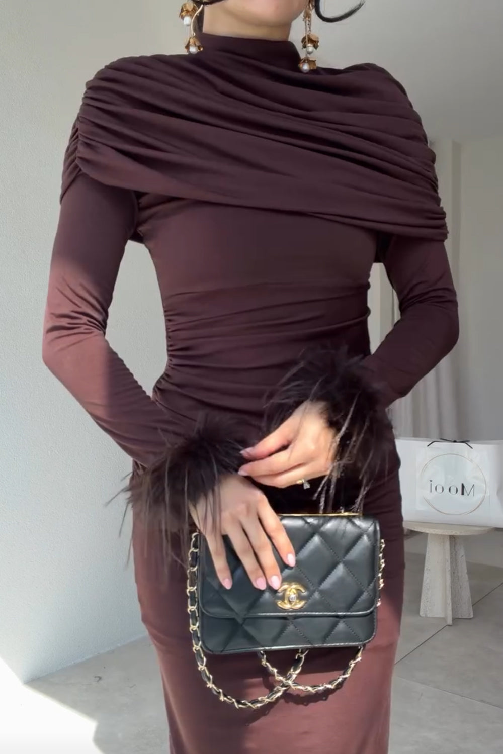 Women High Neck Ruched Cape Maxi Dress