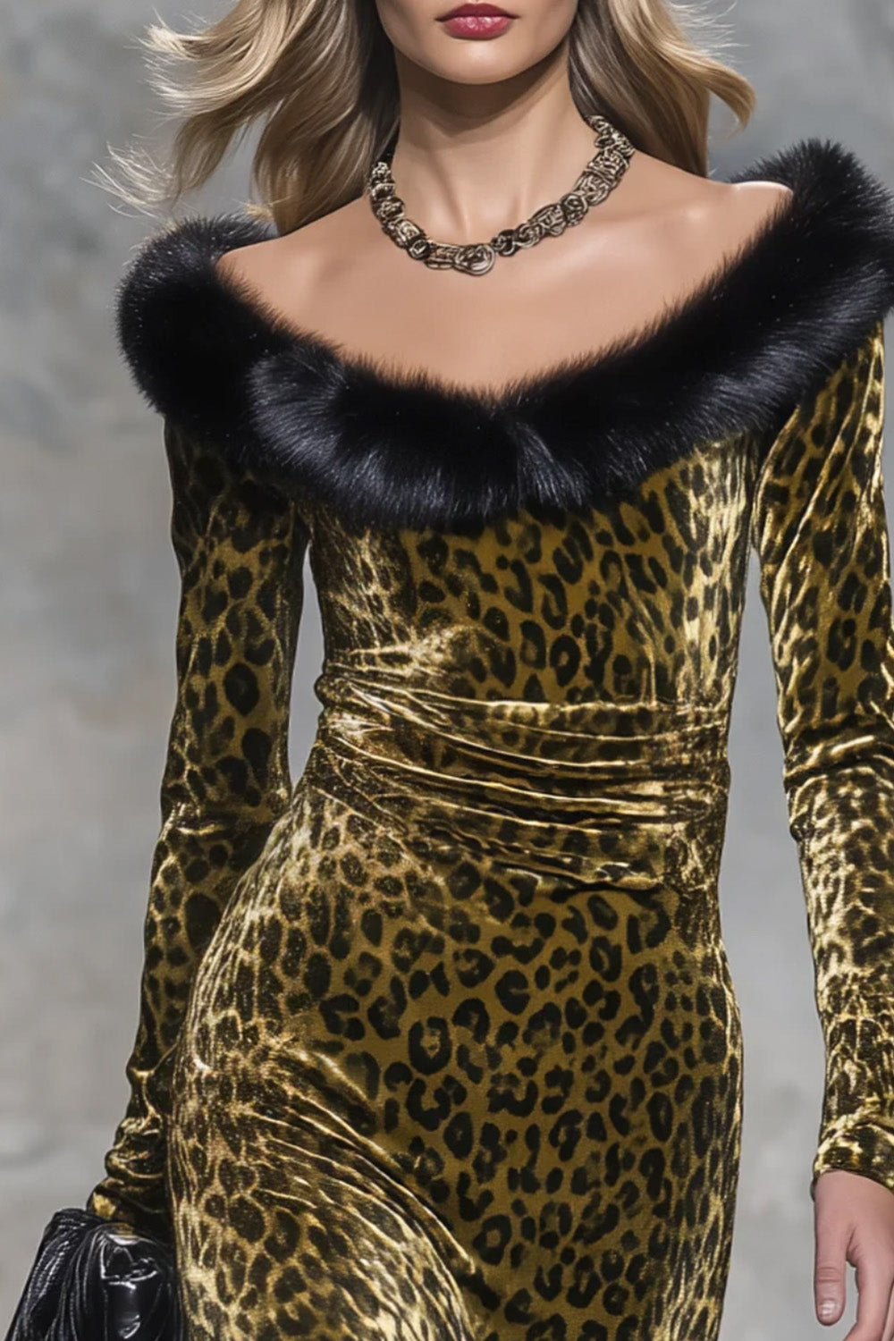 Vintage style Casual Elegant Long Velvet Leopard print Skirt With Raw edge Paneling