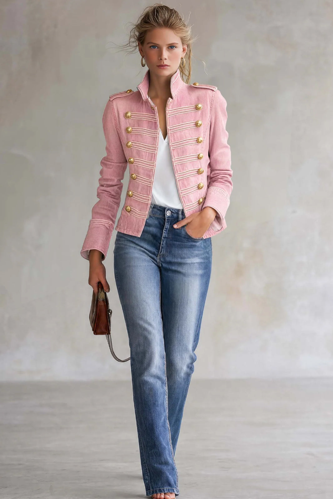 Giacca vintage militare in denim da donna con bottoni dorati, cappotto corto autunnale