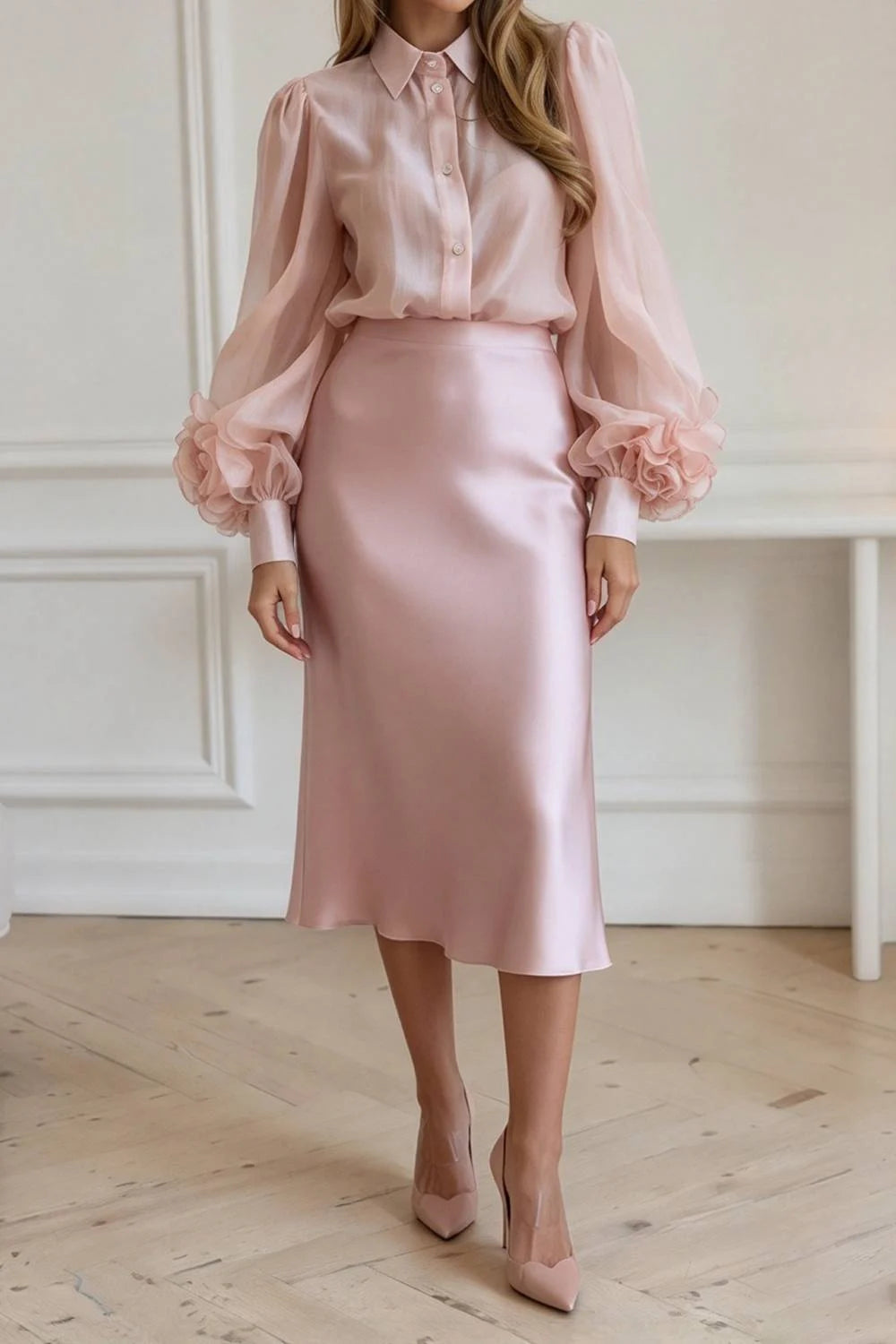 Floral Decorated Puff Sleeve Shirt & Satin Midi Skirt Elegant Two-Piece Set
