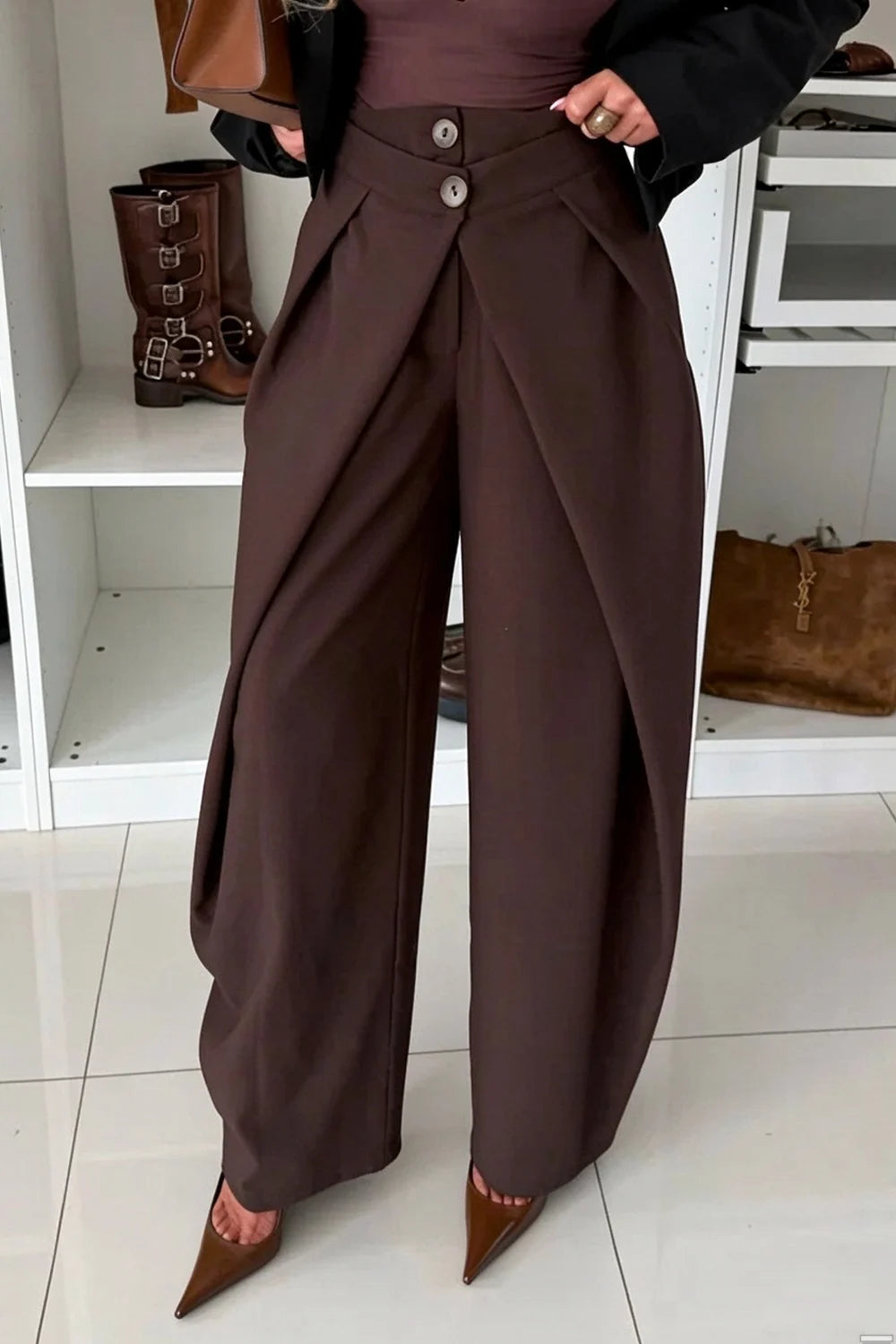 Vintage High-Waisted Wide-Leg Suit Trousers with Asymmetrical Button Cross Placket