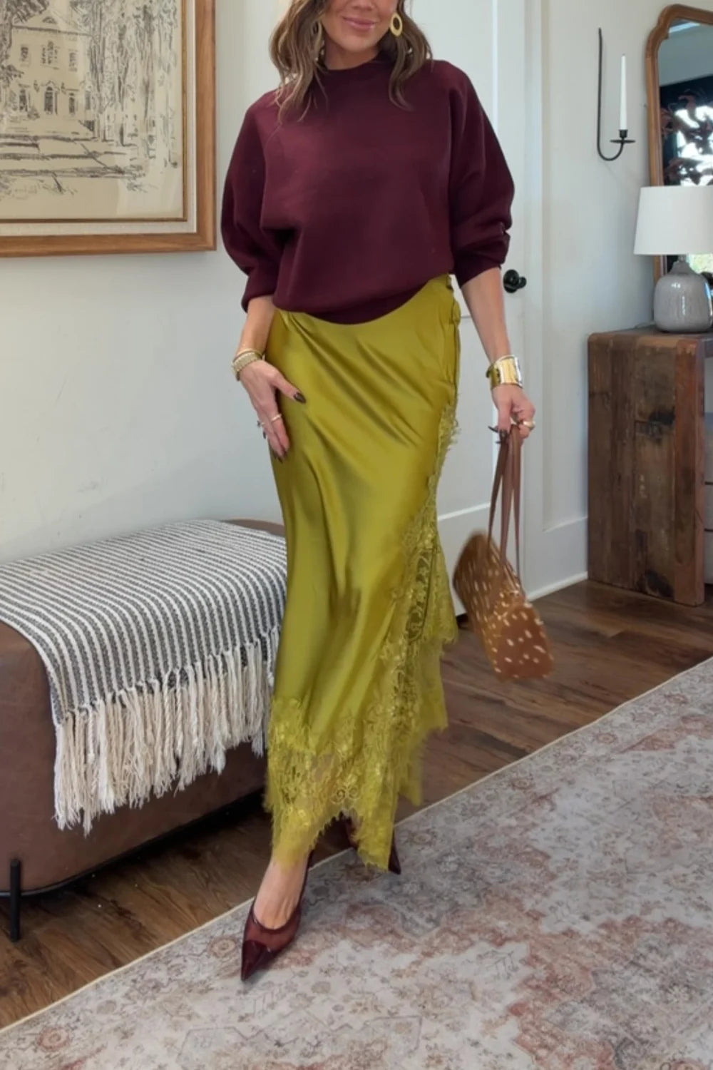 Burgundy Long Sleeve Sweatshirt and Olive Satin Lace Trim Midi Skirt Two Piece Set