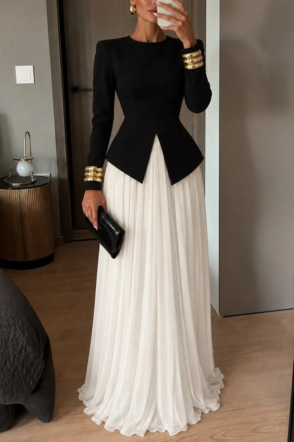 Elegant Long Sleeve Peplum Split Top and Pleated Maxi Skirt Two Piece Set