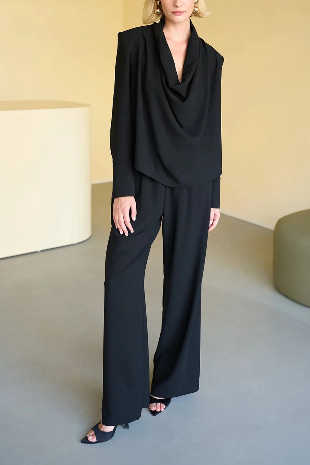 Women's Black Cowl Neck Long Sleeve Top and Wide Leg Pants Set