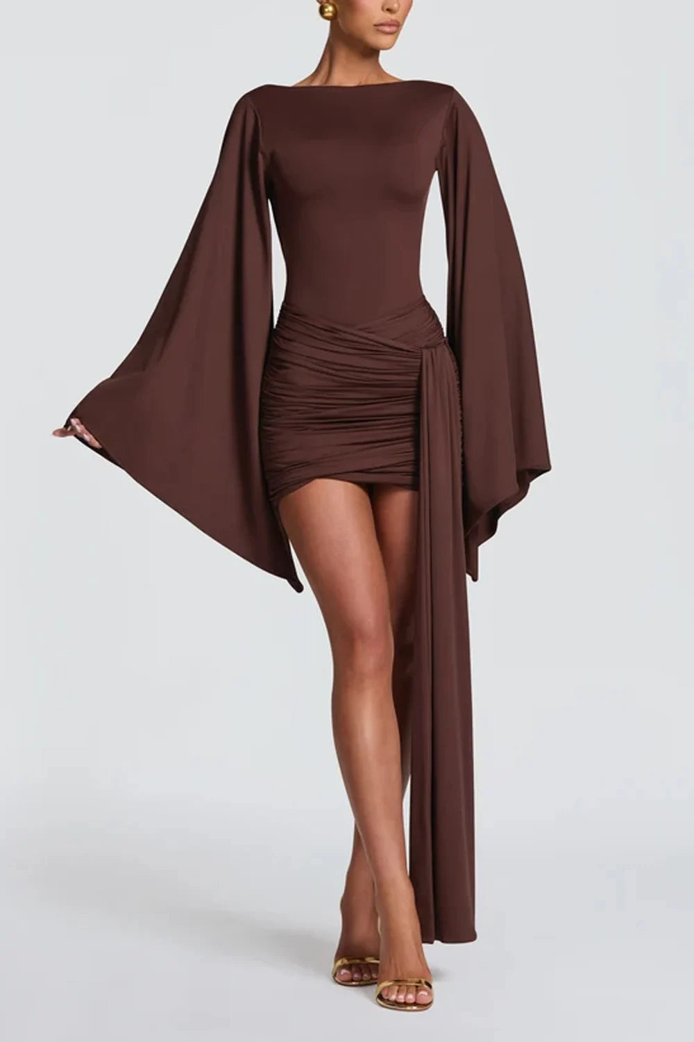 Boat Neck Flared Long Sleeve Ruched Mini Dress with Draped Sash