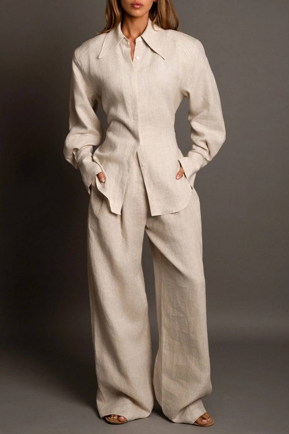 Long Sleeve Button Down Shirt and Wide Leg Pants Two Piece Set
