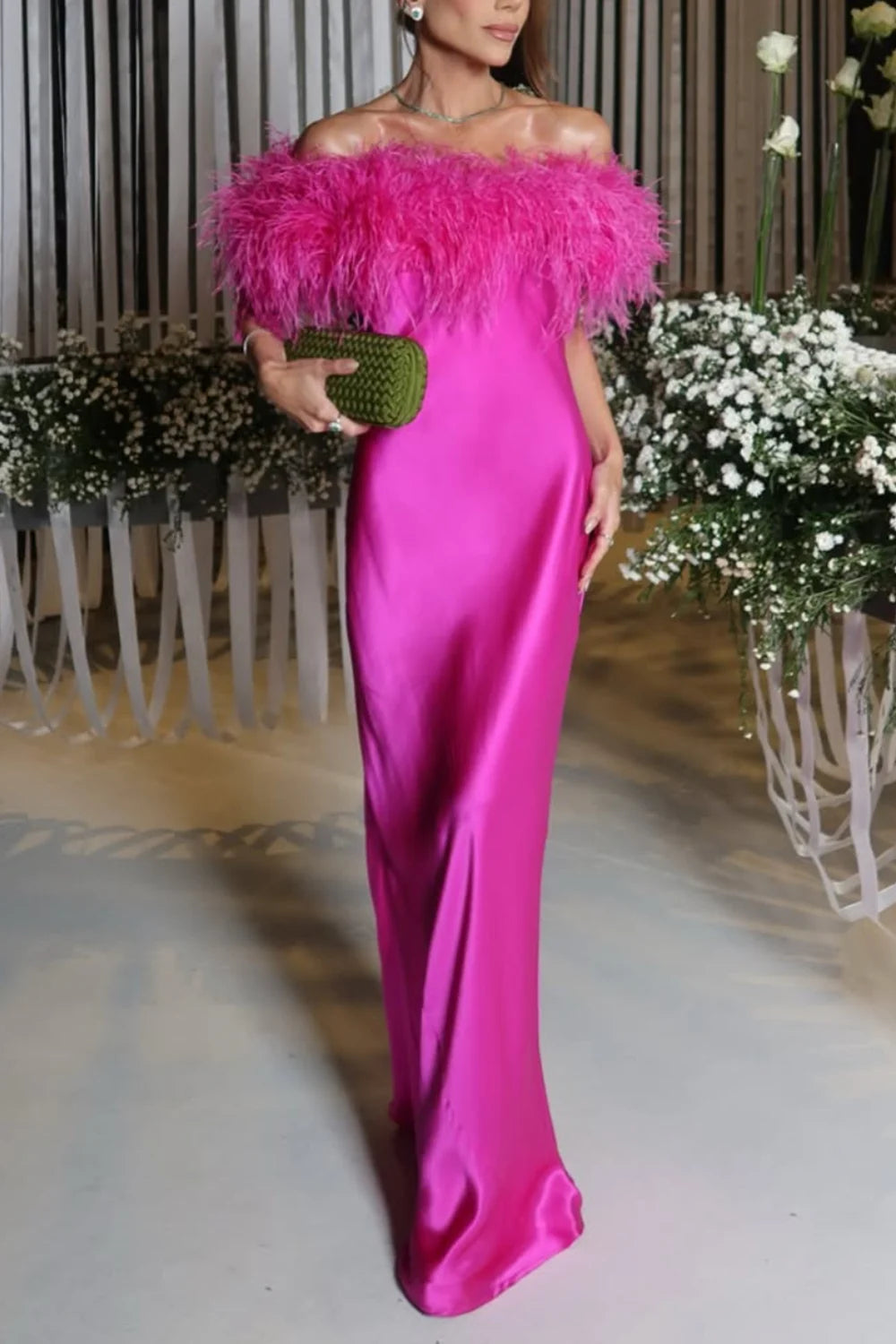 Feather Trim Off-the-Shoulder Satin Column Maxi Dress
