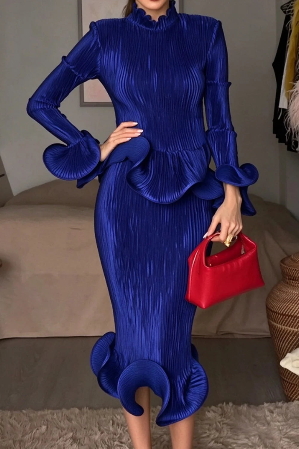 Pleated Peplum Top and Ruffled Midi Skirt Two-Piece Set