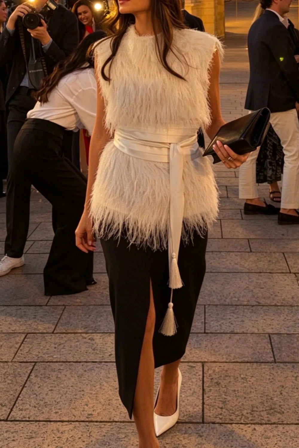 Feather Sleeveless Sweater Top and Front Slit Midi Skirt Two Piece Set