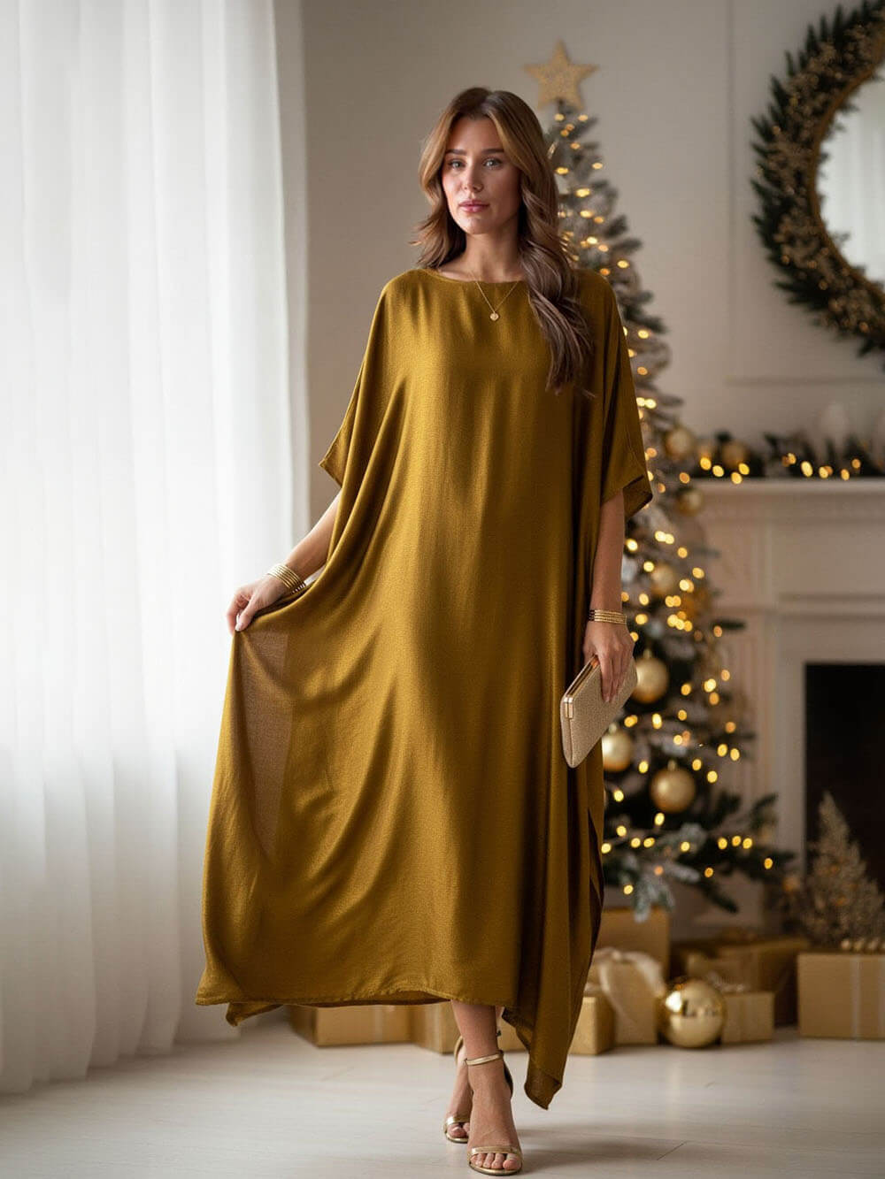 Abito kimono lungo in raso stile boho