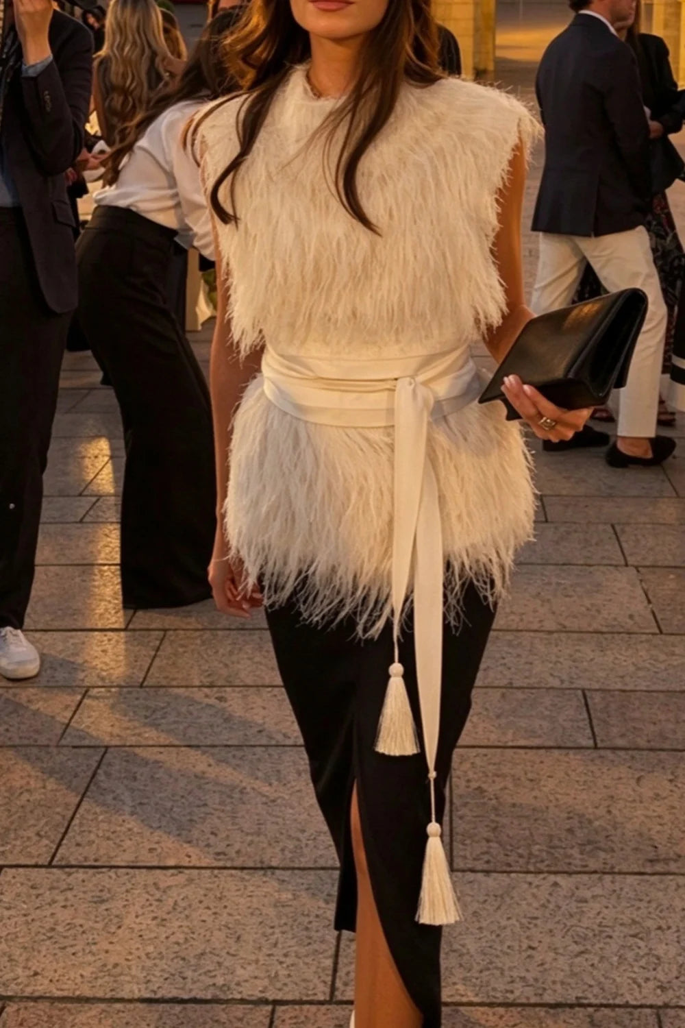Feather Sleeveless Sweater Top and Front Slit Midi Skirt Two Piece Set