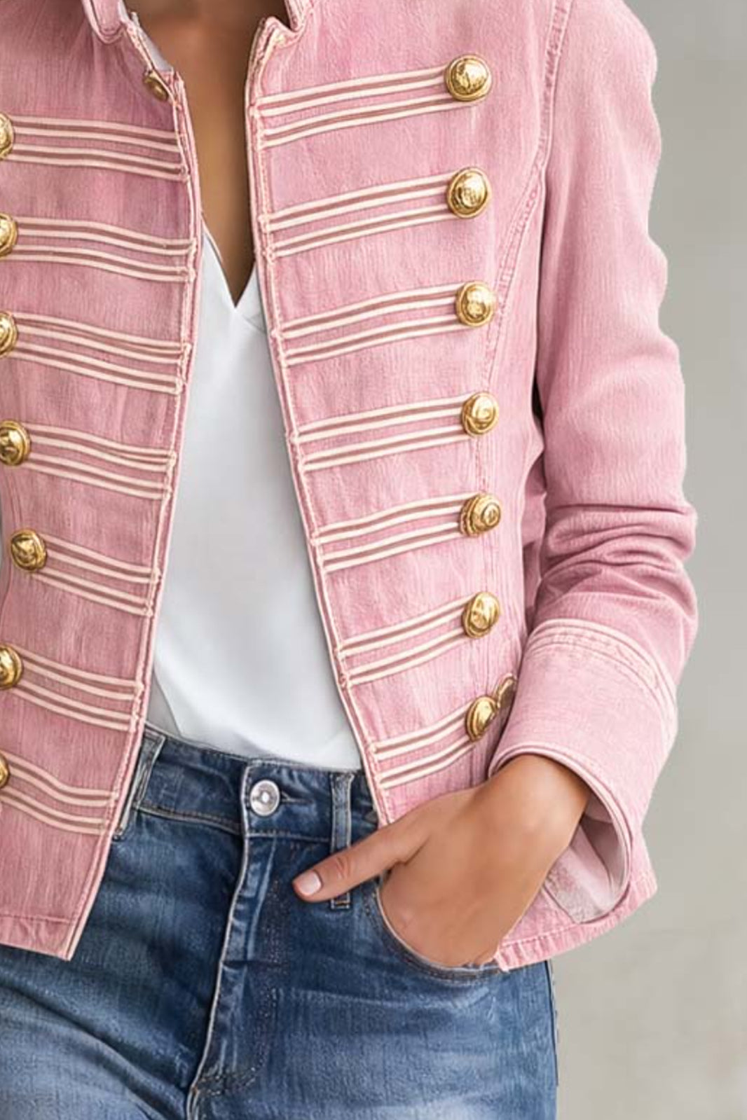 Giacca vintage militare in denim da donna con bottoni dorati, cappotto corto autunnale