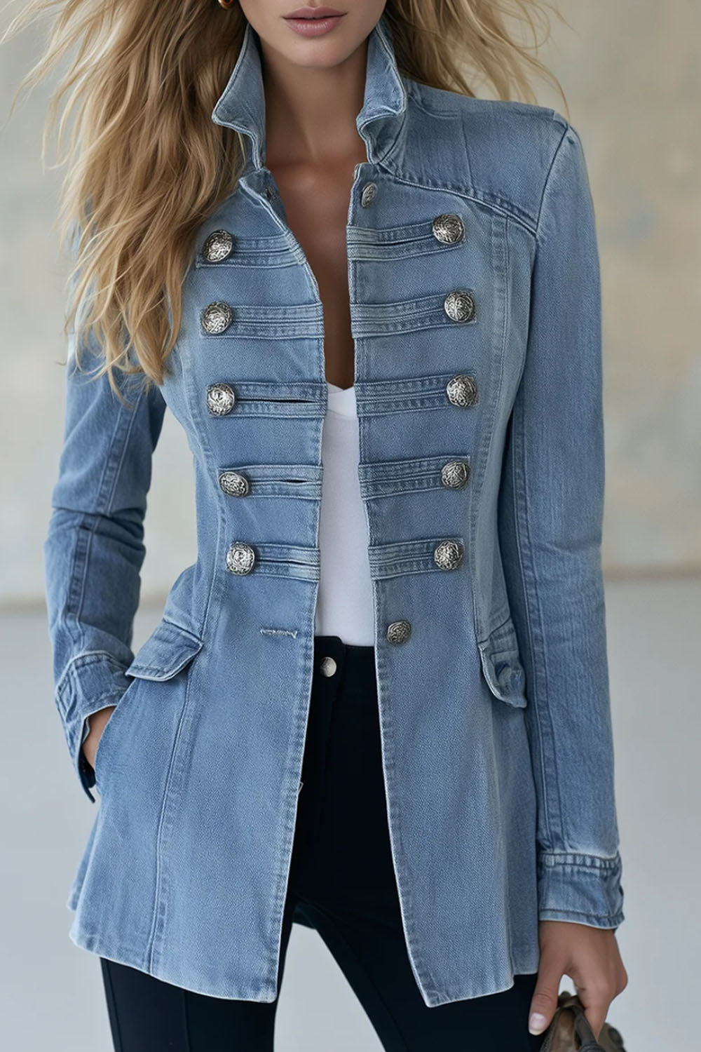 Women's Military Style Fitted Light Wash Denim Jacket With Decorative Buttons