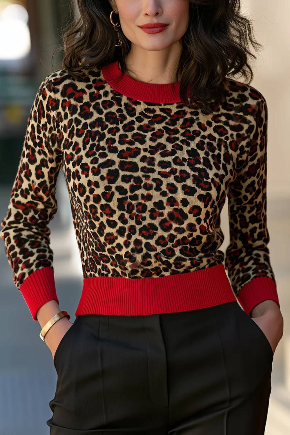 Top de punto de manga larga con estampado de leopardo y ribete en contraste rojo
