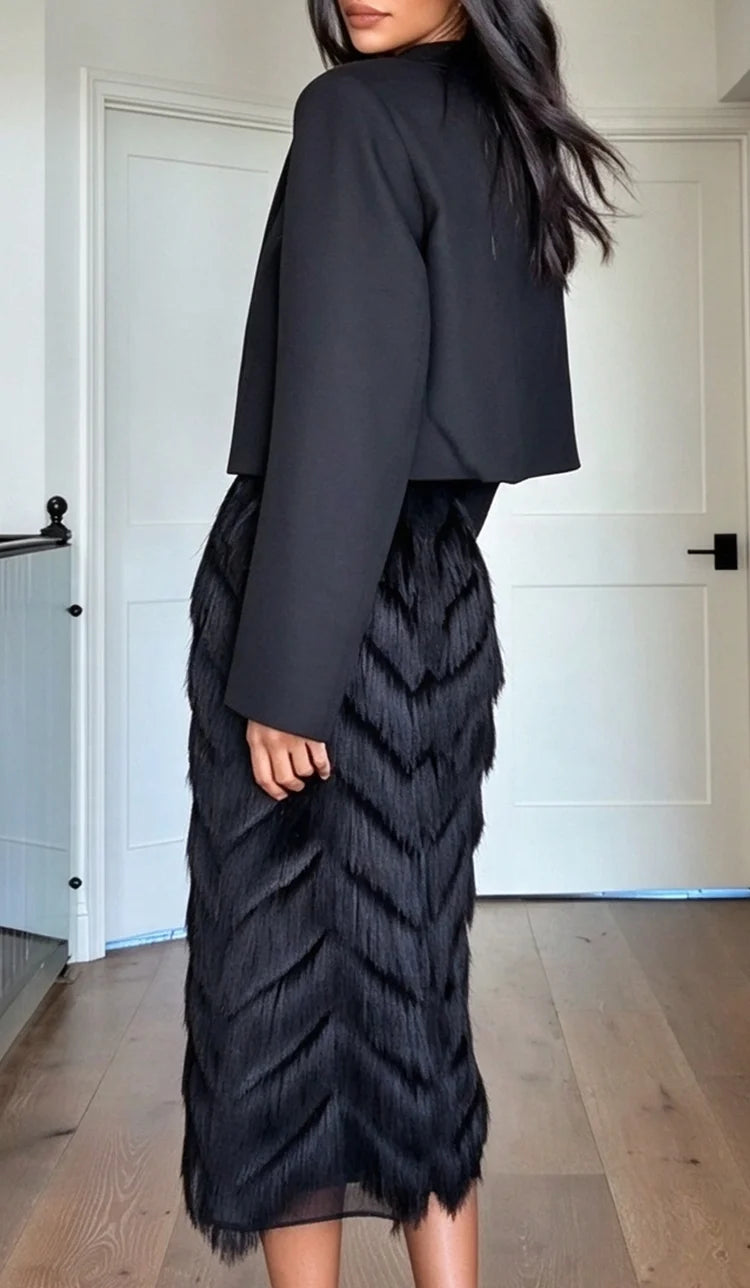 Black Cropped Long Sleeve Jacket and Chevron Fringe Midi Skirt Two Piece Set [erp-image:42e0ee183d98374b02dabc42]
