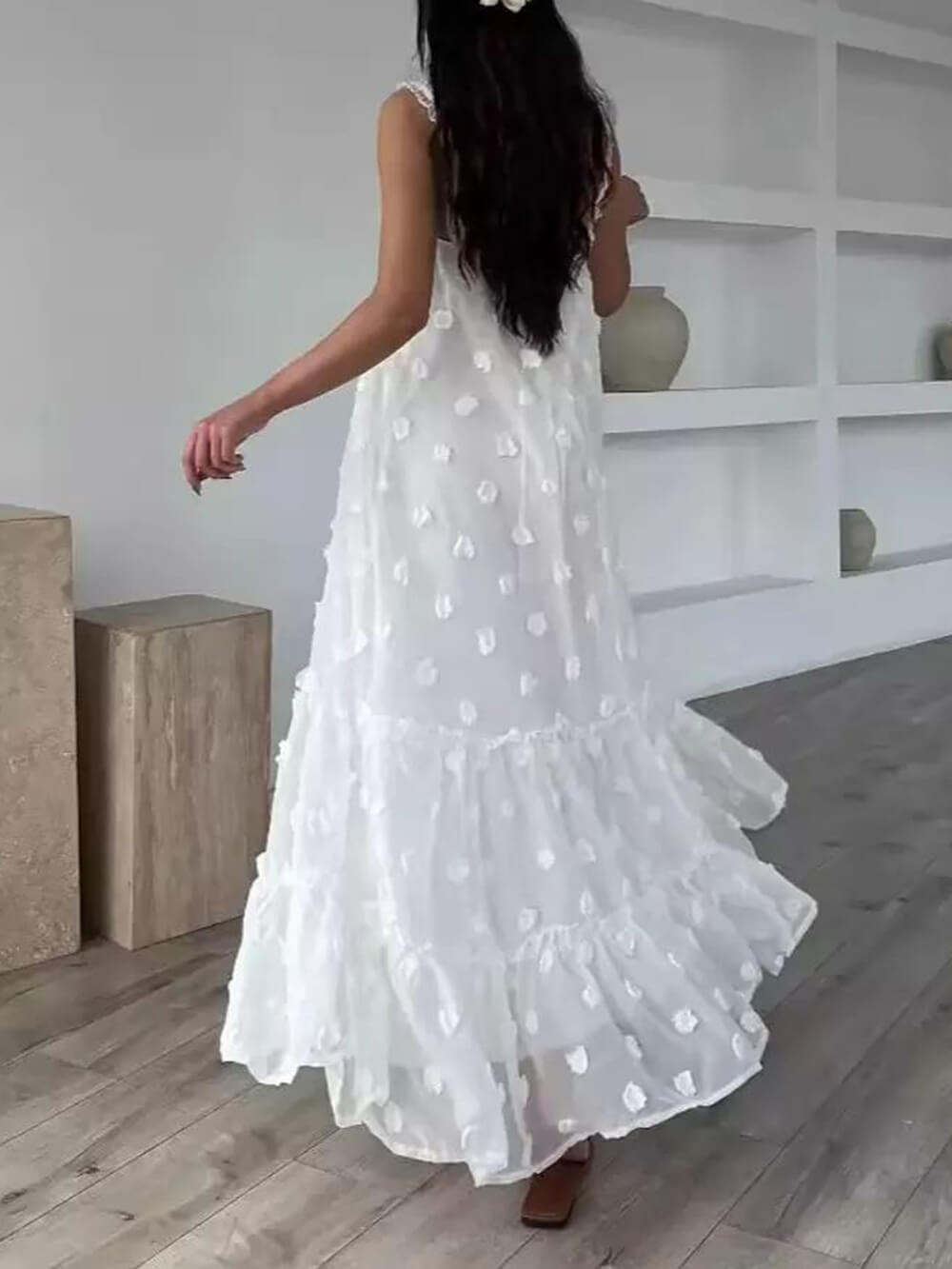 Vestido largo holgado en capas y línea A, decorado con flores bonitas