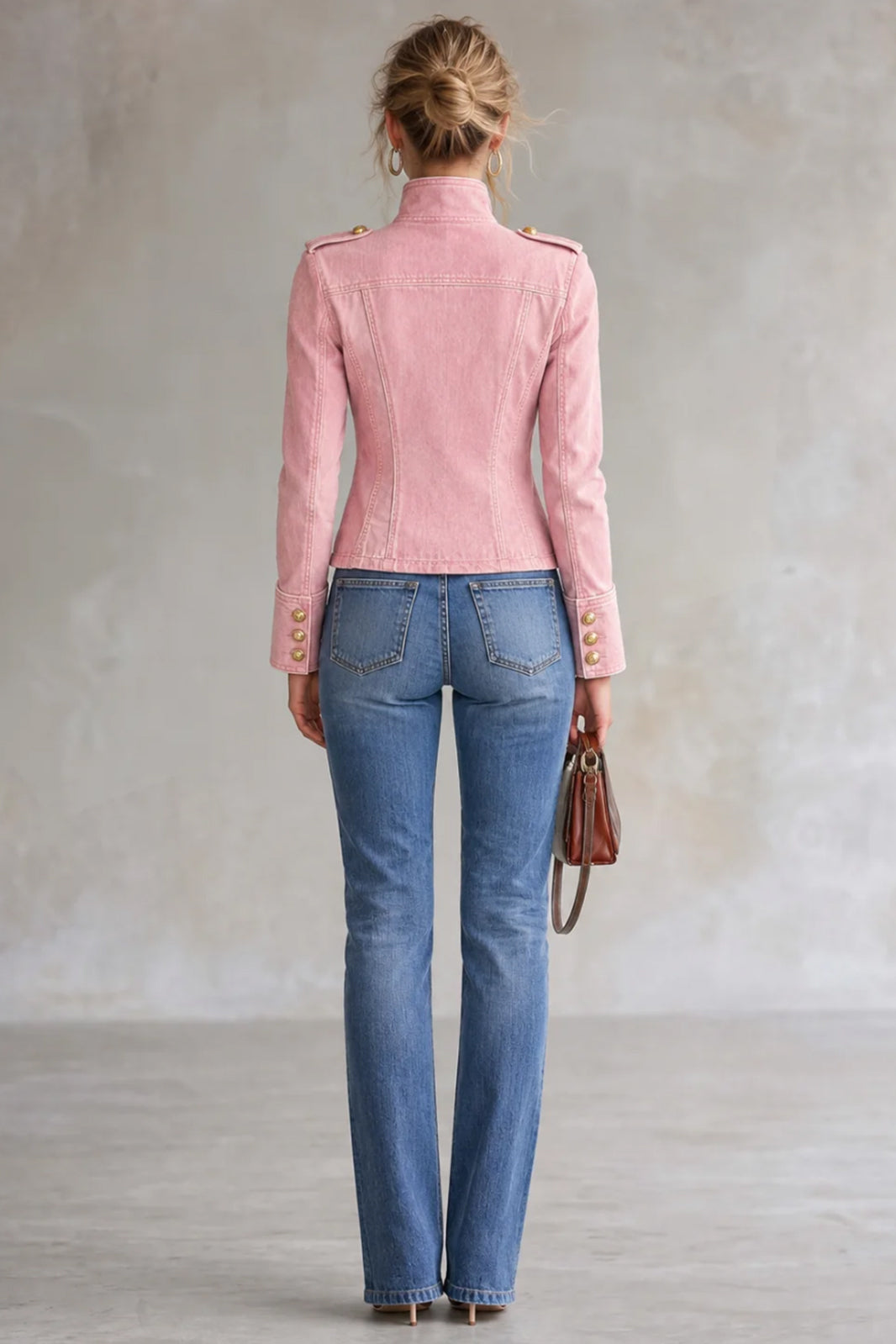 Giacca vintage militare in denim da donna con bottoni dorati, cappotto corto autunnale
