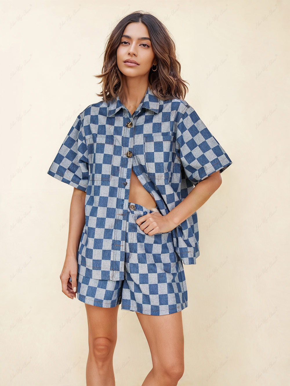 Camicia di jeans ampia con stampa a quadri