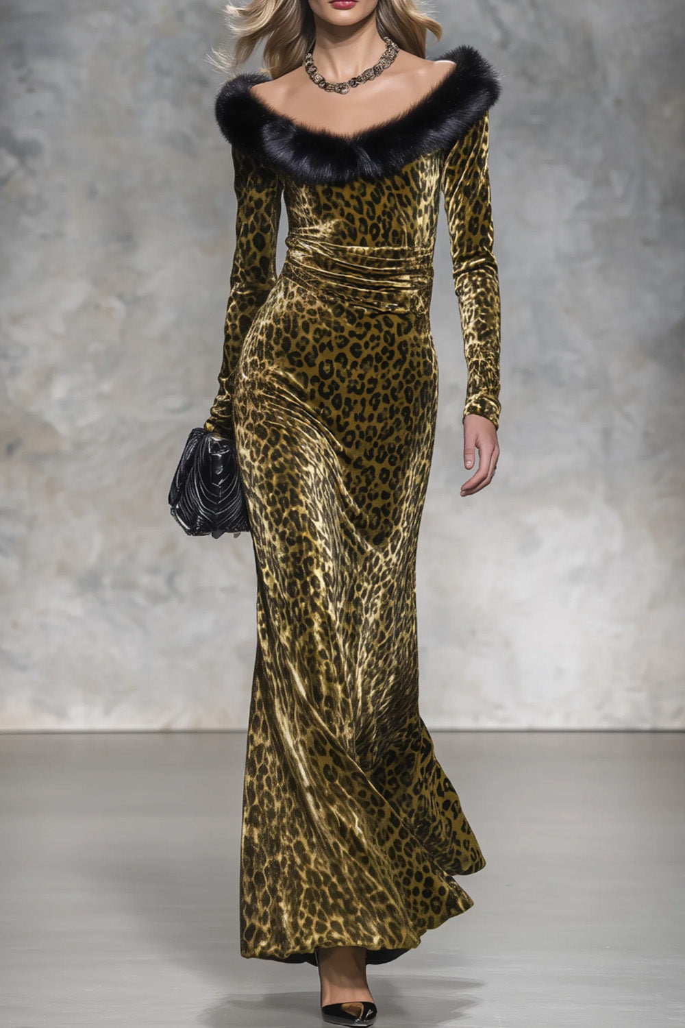 Vintage style Casual Elegant Long Velvet Leopard print Skirt With Raw edge Paneling