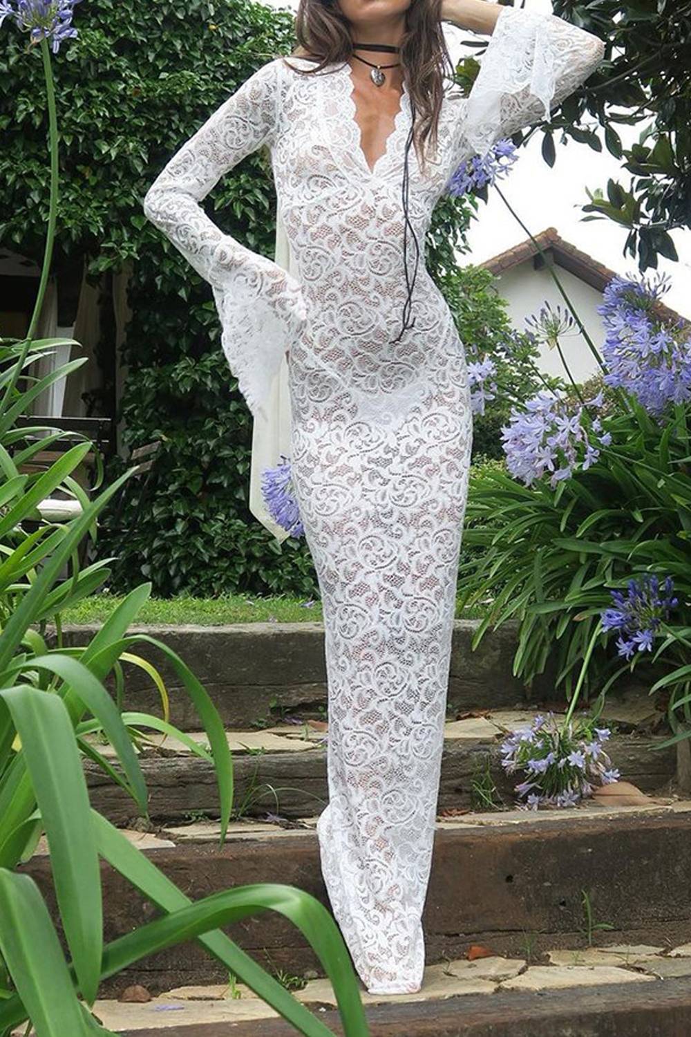 V‑Neck Long Bell Sleeve Lace Sheer Maxi Dress