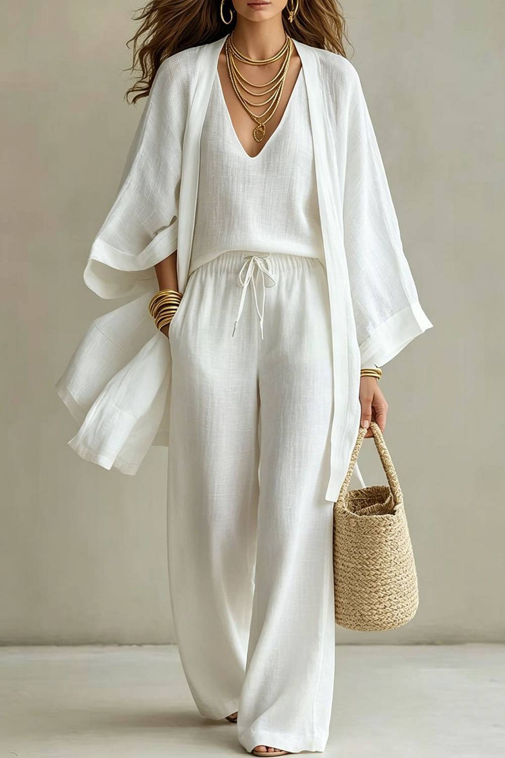 Dreiteiliges Set aus schlichtem Cardigan mit Weste und V-Ausschnitt sowie Hose mit weitem Bein