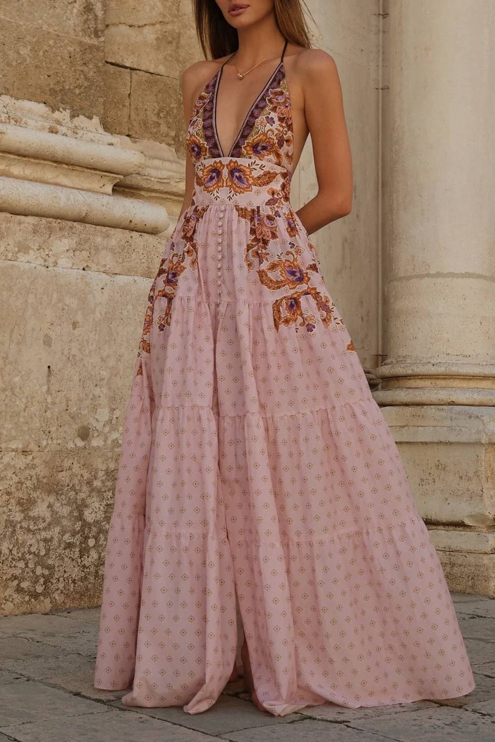 Vestido largo bohemio con escote en V y estampado floral
