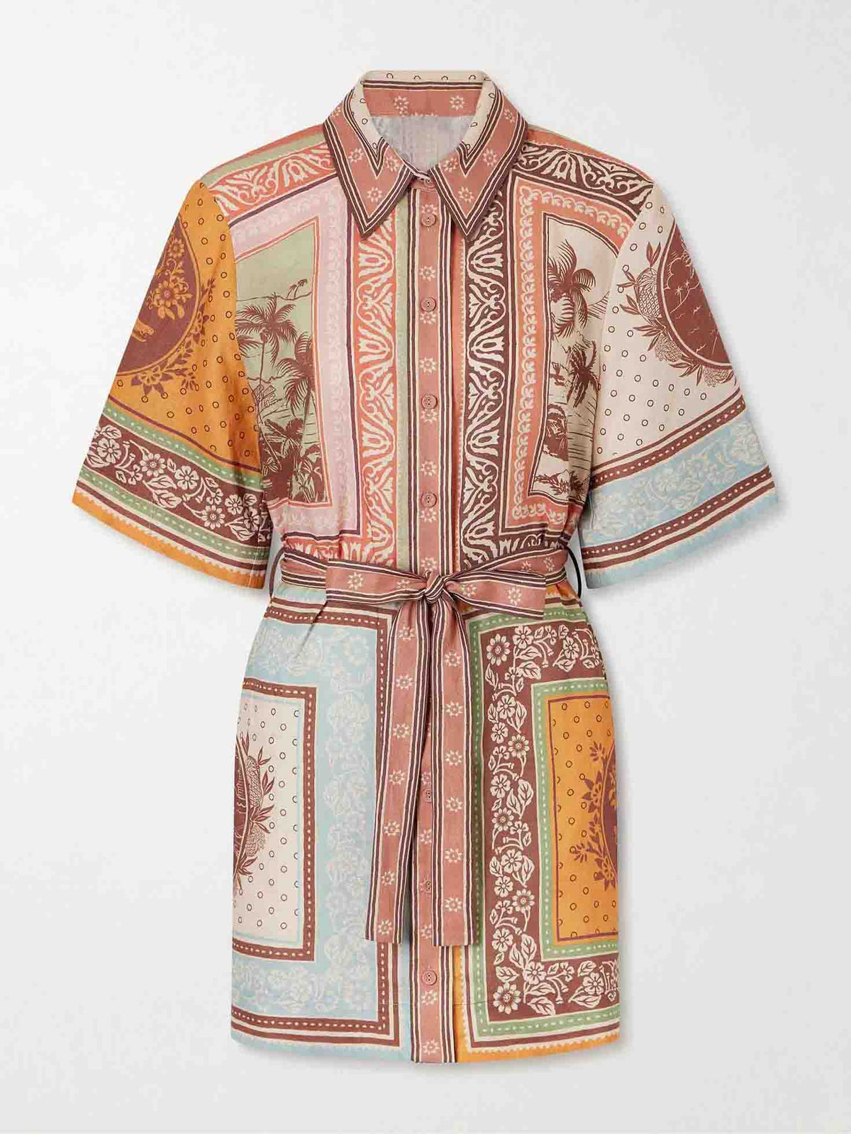 Robe-chemise rétro à manches courtes, imprimé foulard et lien à nouer devant