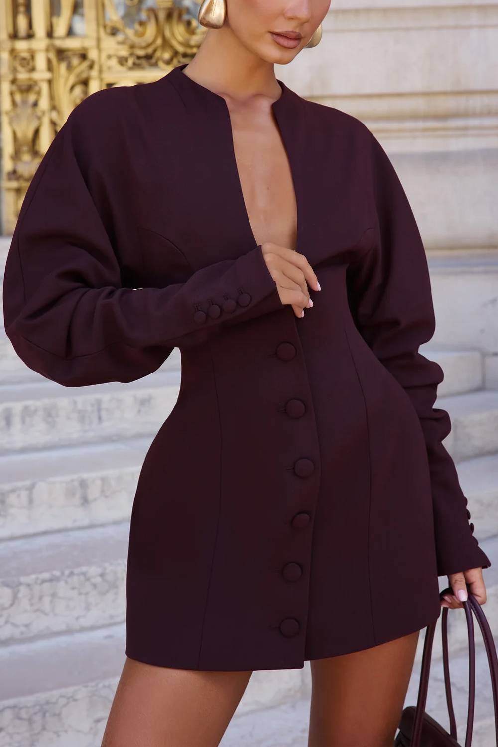 Stand Collar Deep V Button Front Long Sleeve Mini Blazer Dress
