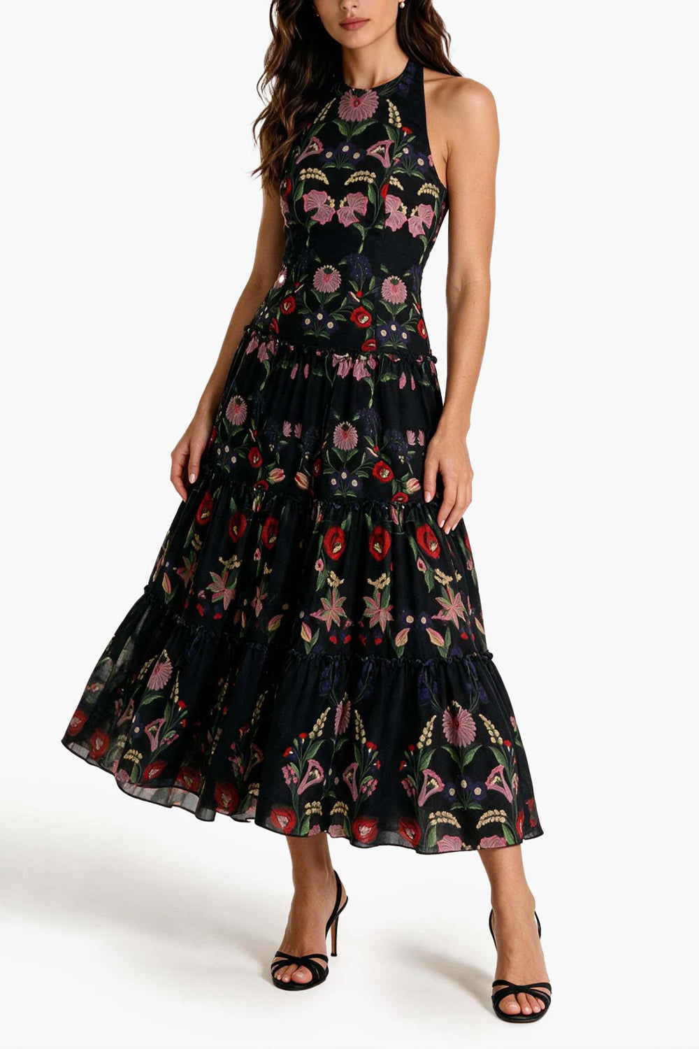 Elegante vestido largo vaporoso de gasa estampada con espalda descubierta