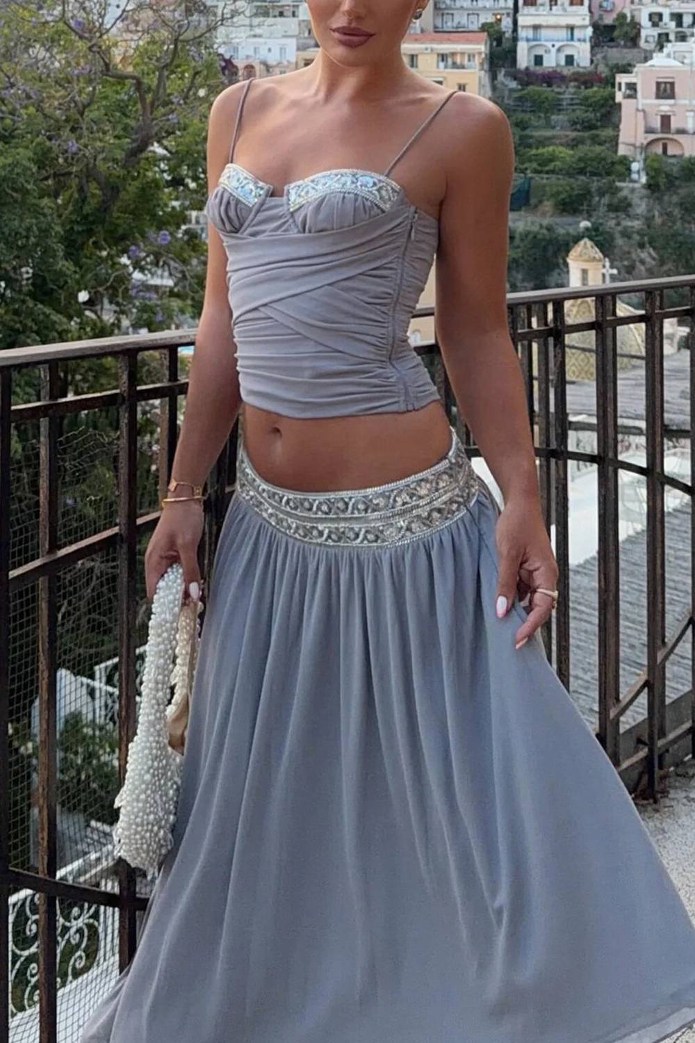 Thin Shoulder Strap Pleated Short Top High Waist Long Dress Two-piece Set